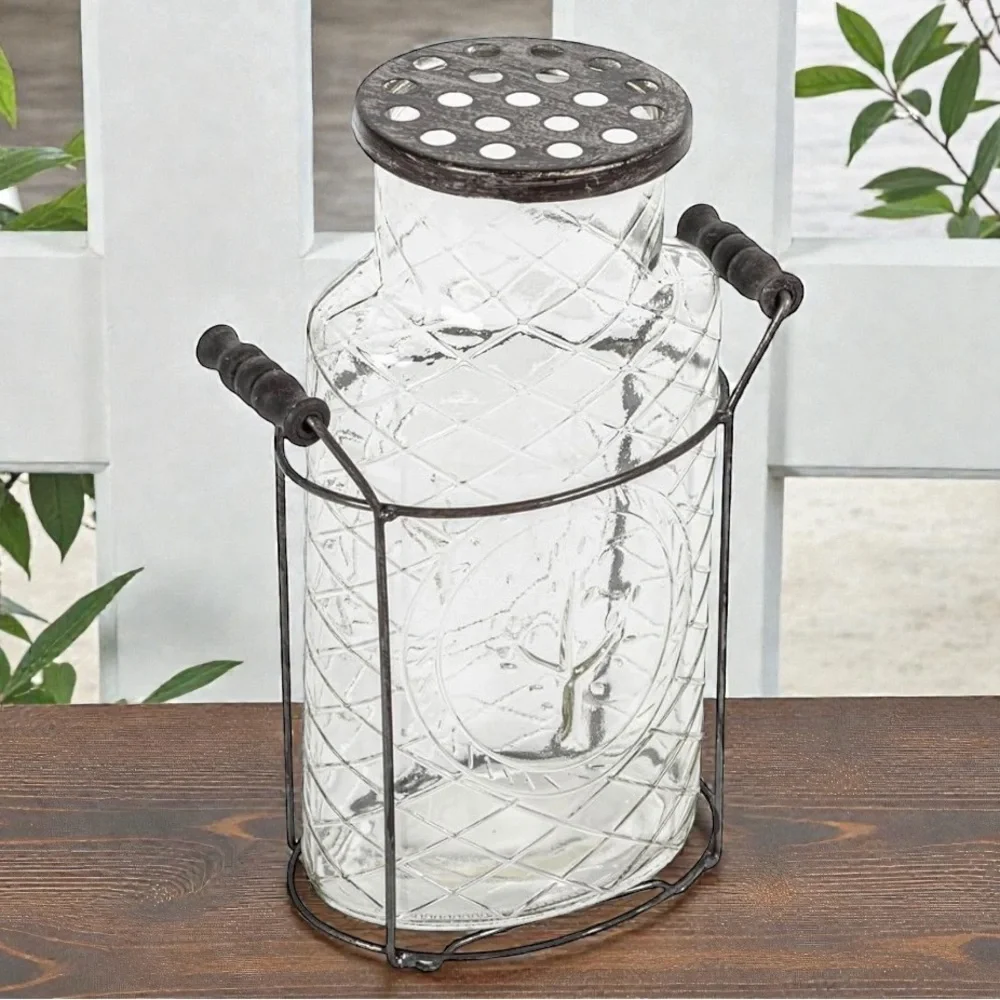 New Creative Co-Op Glass vase in Metal Stand with Metal Frog Lid